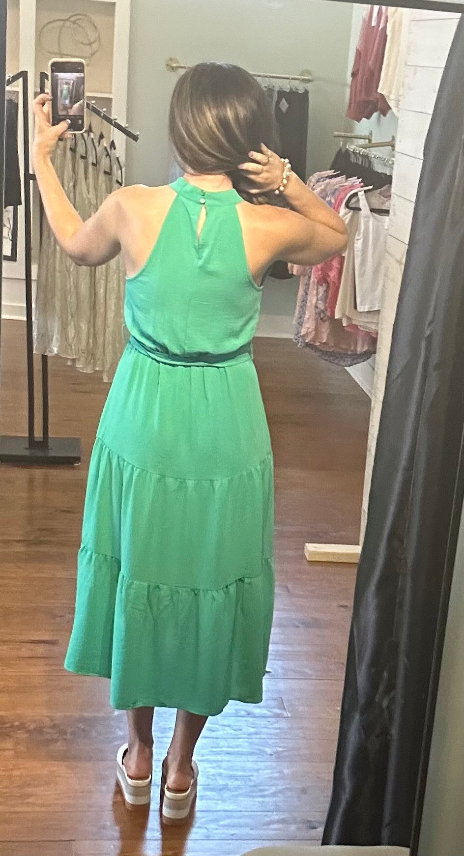 Halter Neck Belted Tiered Ruffle Midi Dress