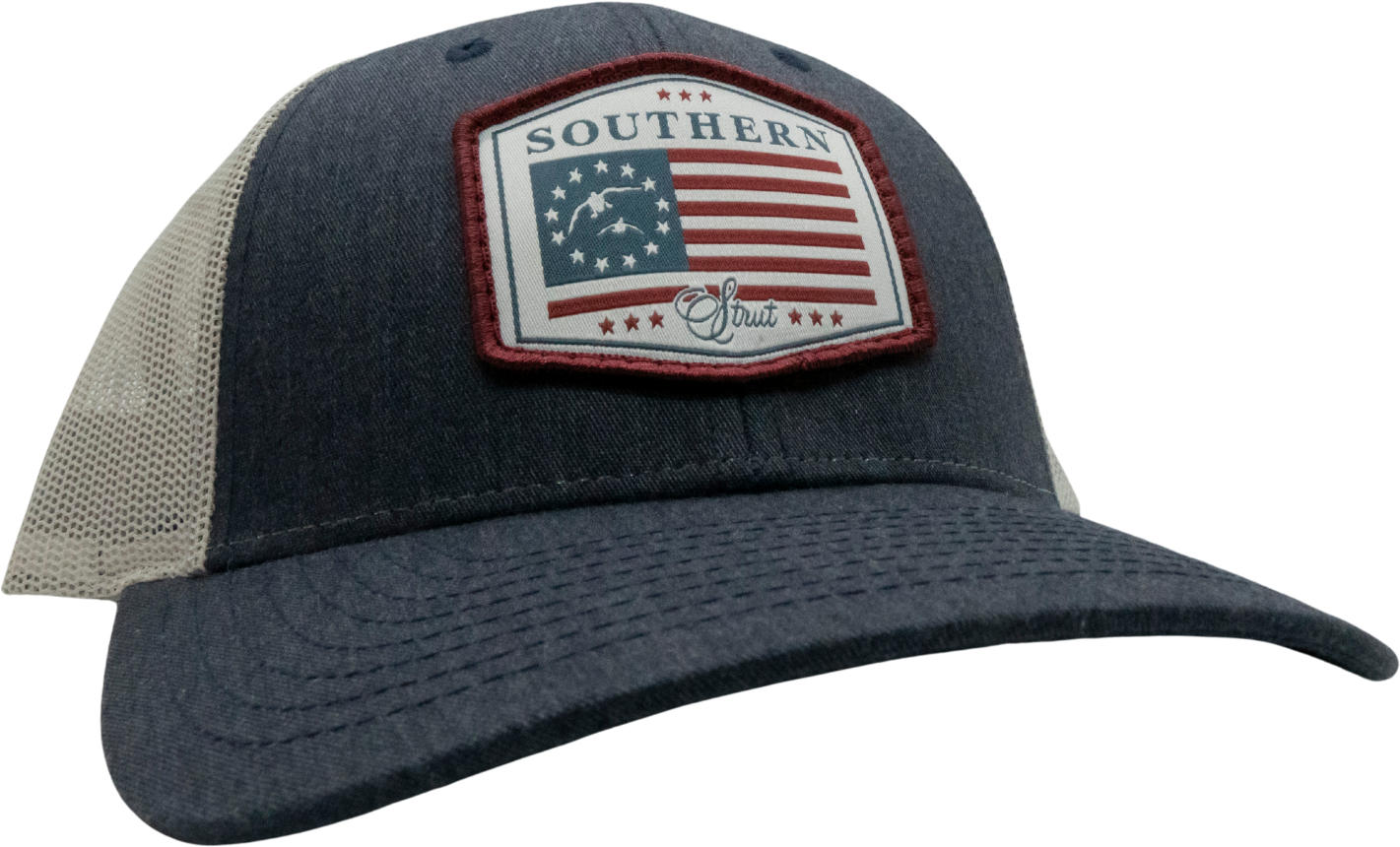 USA Duck Flag Woven Patch Trucker Hat: Heather Navy/Light Grey