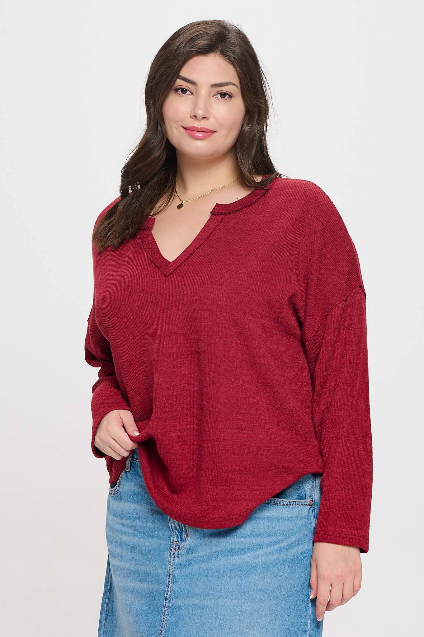 Plus | Burgundy Solid Notch Neck Long Sleeve