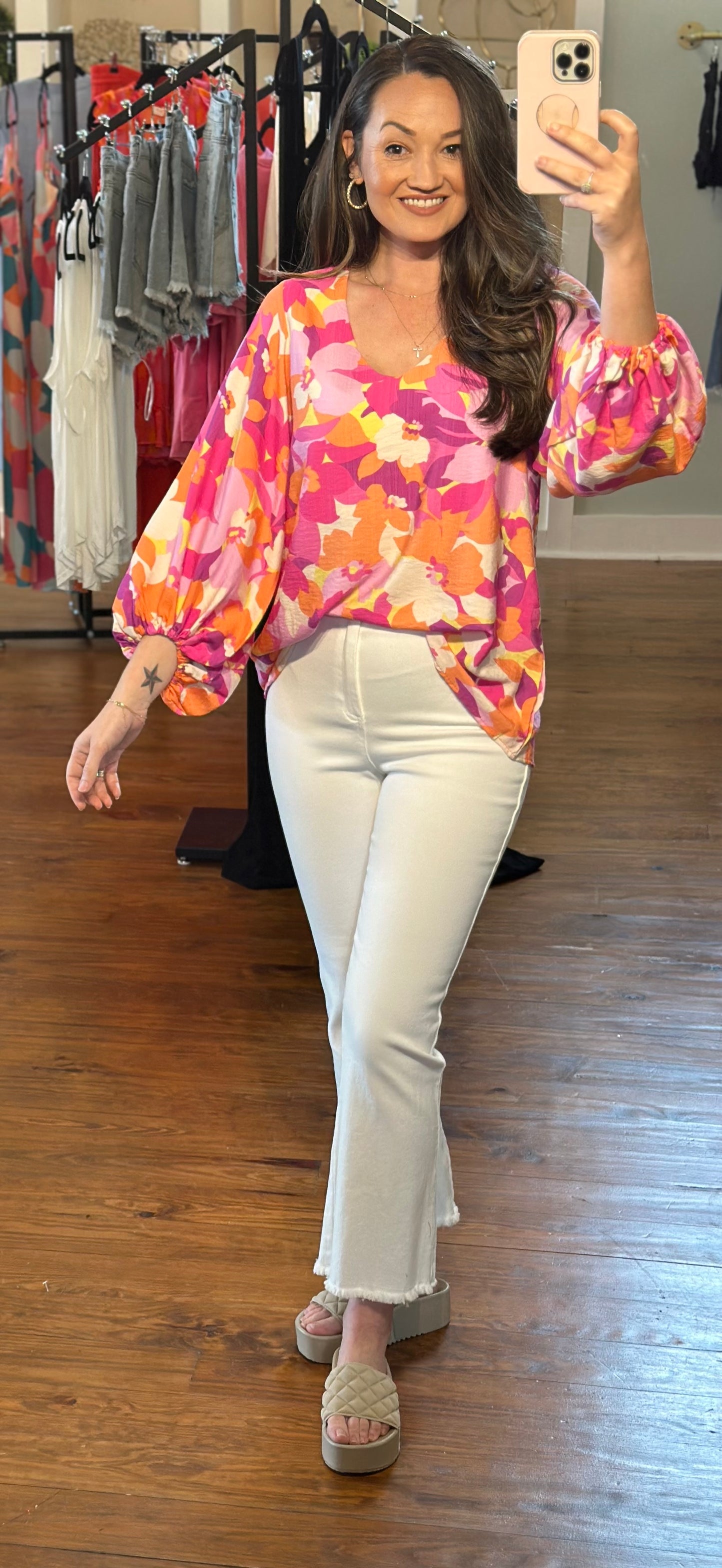 Balloon Sleeve Floral Printed Blouse