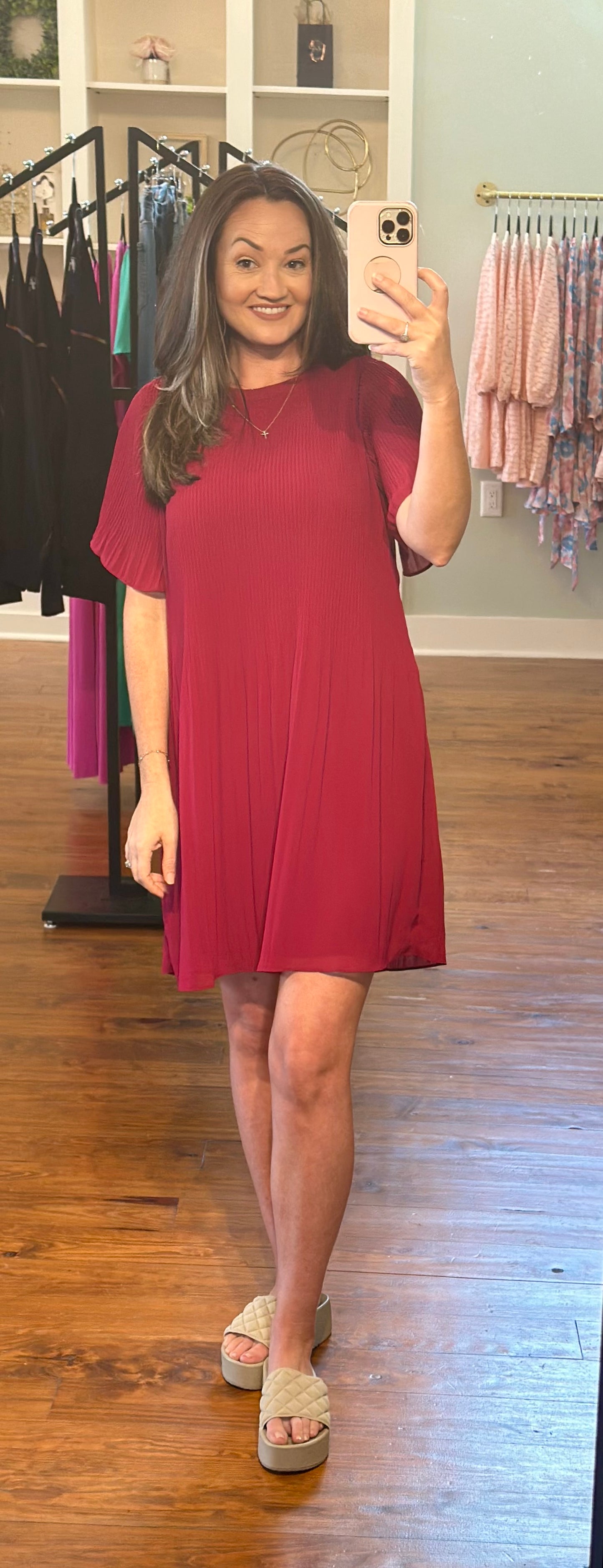 Maroon/Crimson Short Sleeve Pleated Dress