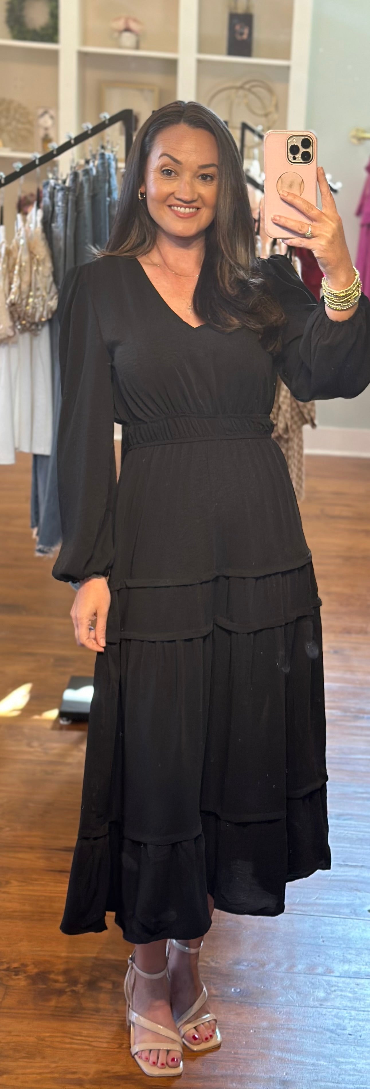 Black Ruched V Neck Long Sleeve Tiered Midi Dress