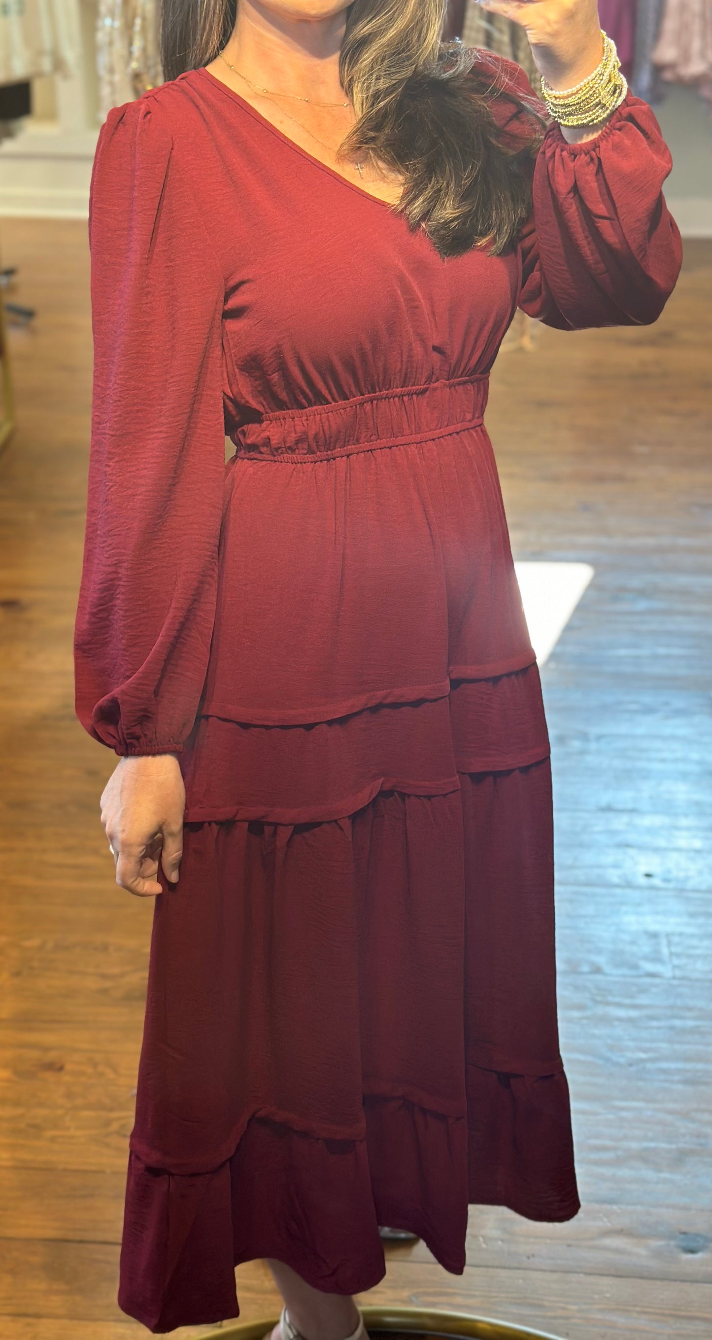 Burgundy Ruched V Neck Long Sleeve Tiered Midi Dress