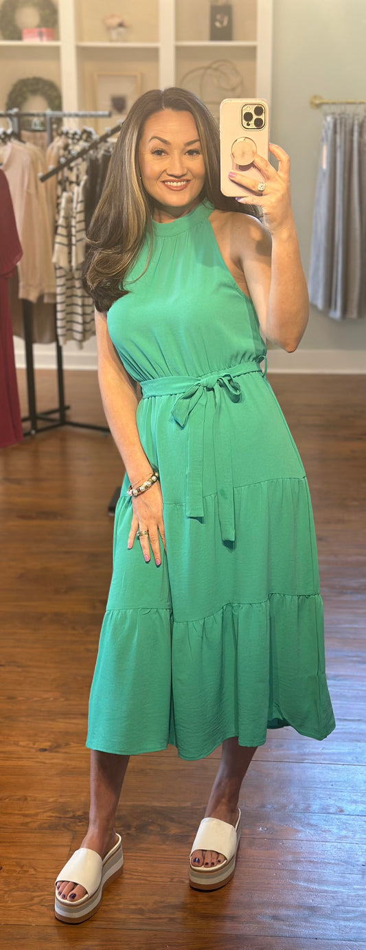 Halter Neck Belted Tiered Ruffle Midi Dress