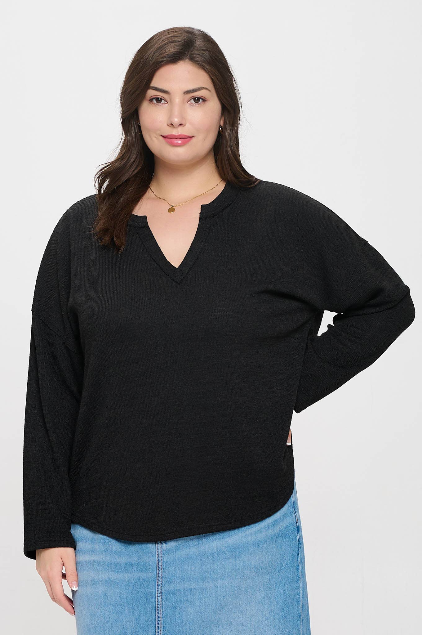 Plus | Black Solid Notch Neck Long Sleeve