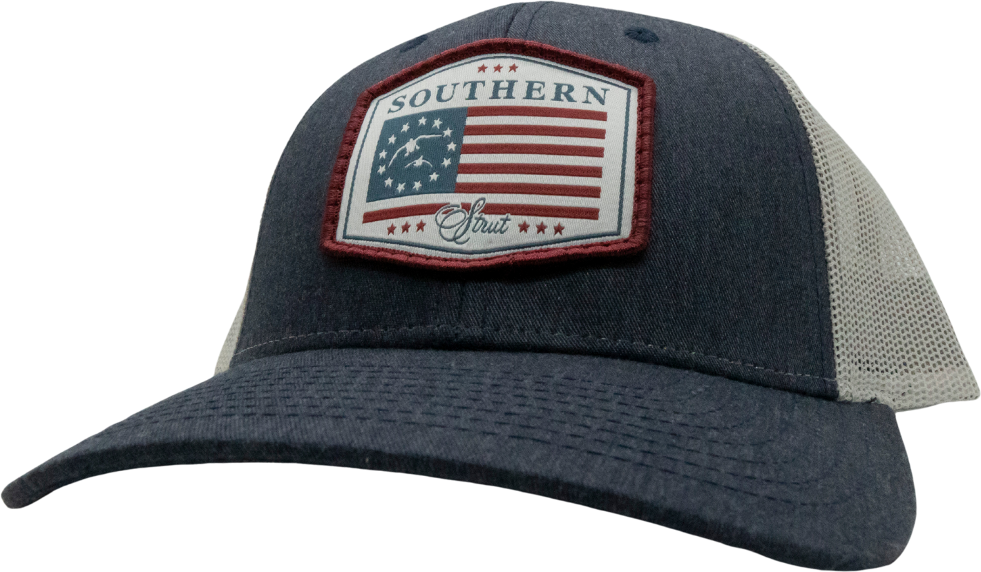 USA Duck Flag Woven Patch Trucker Hat: Heather Navy/Light Grey